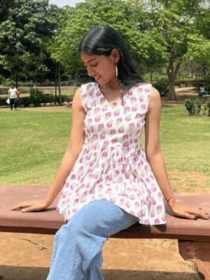 sugar petals- soft cotton kurti in white and pink