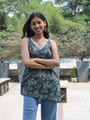 Floral Drift – Blue Rayon Flare Kurti with Stylish Cut Sleeves