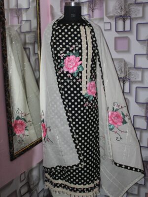 Noor-e-Gul – Black Polka Suit with Pink Rose Embroidery & White Dupatta