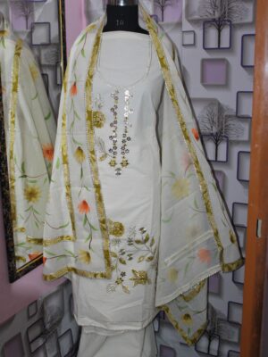 Gulnaaz – Cream Floral Embellished Cotton Suit Set